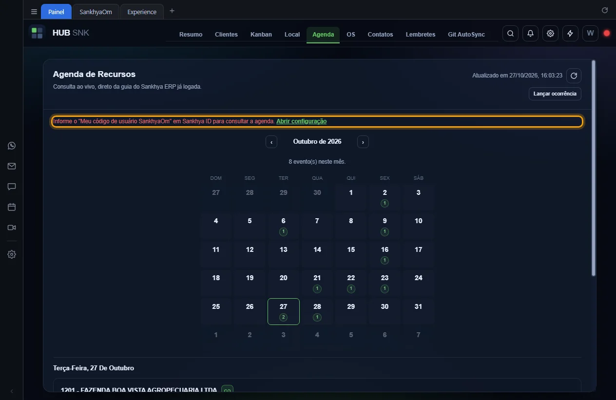 Mensagem de erro com o atalho Abrir configuração acima do calendário