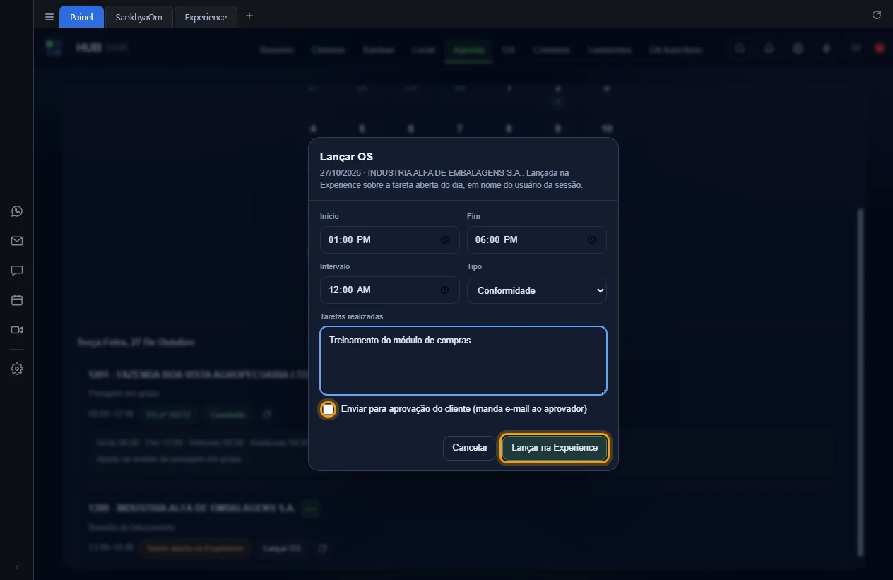 Caixa Enviar para aprovação do cliente e botão Lançar na Experience destacados