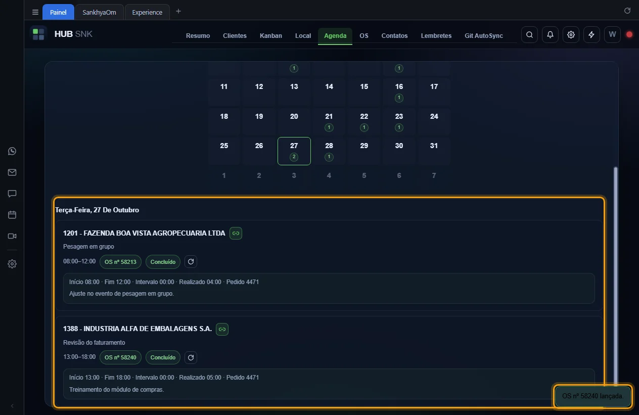 Aviso de OS lançada e o selo do evento com o número da OS