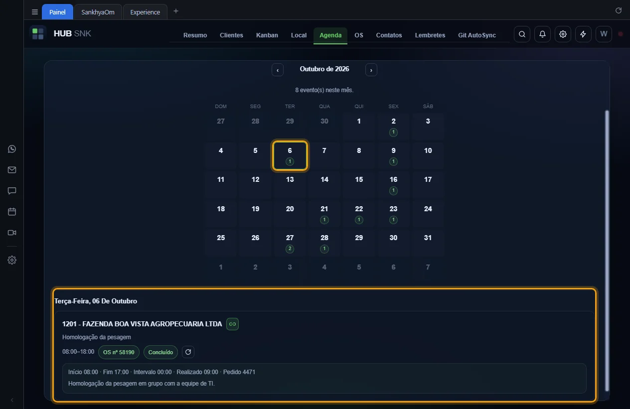 Dia selecionado no calendário e os eventos dele abaixo da grade