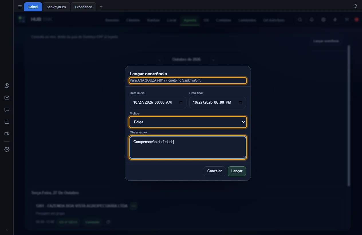 Janela Lançar ocorrência com o usuário e o motivo Folga destacados