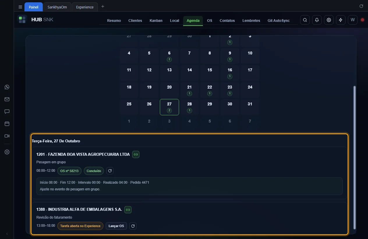 Eventos do dia com os selos OS lançada e Tarefa aberta no Experience