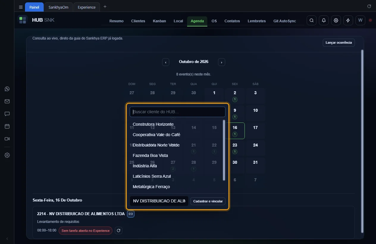 Painel de vínculo com a lista de clientes e o campo de cliente novo