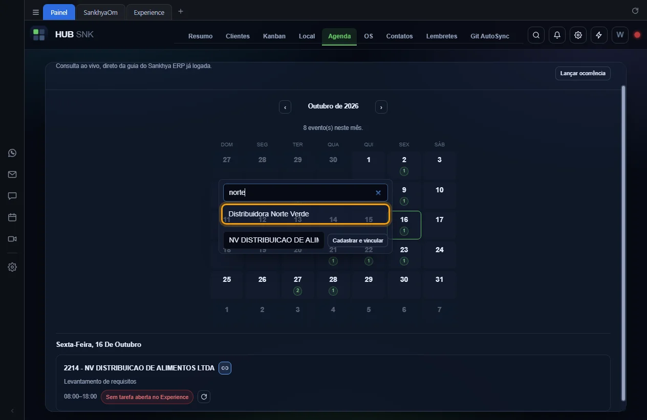 Busca filtrando a lista, com o cliente Distribuidora Norte Verde destacado