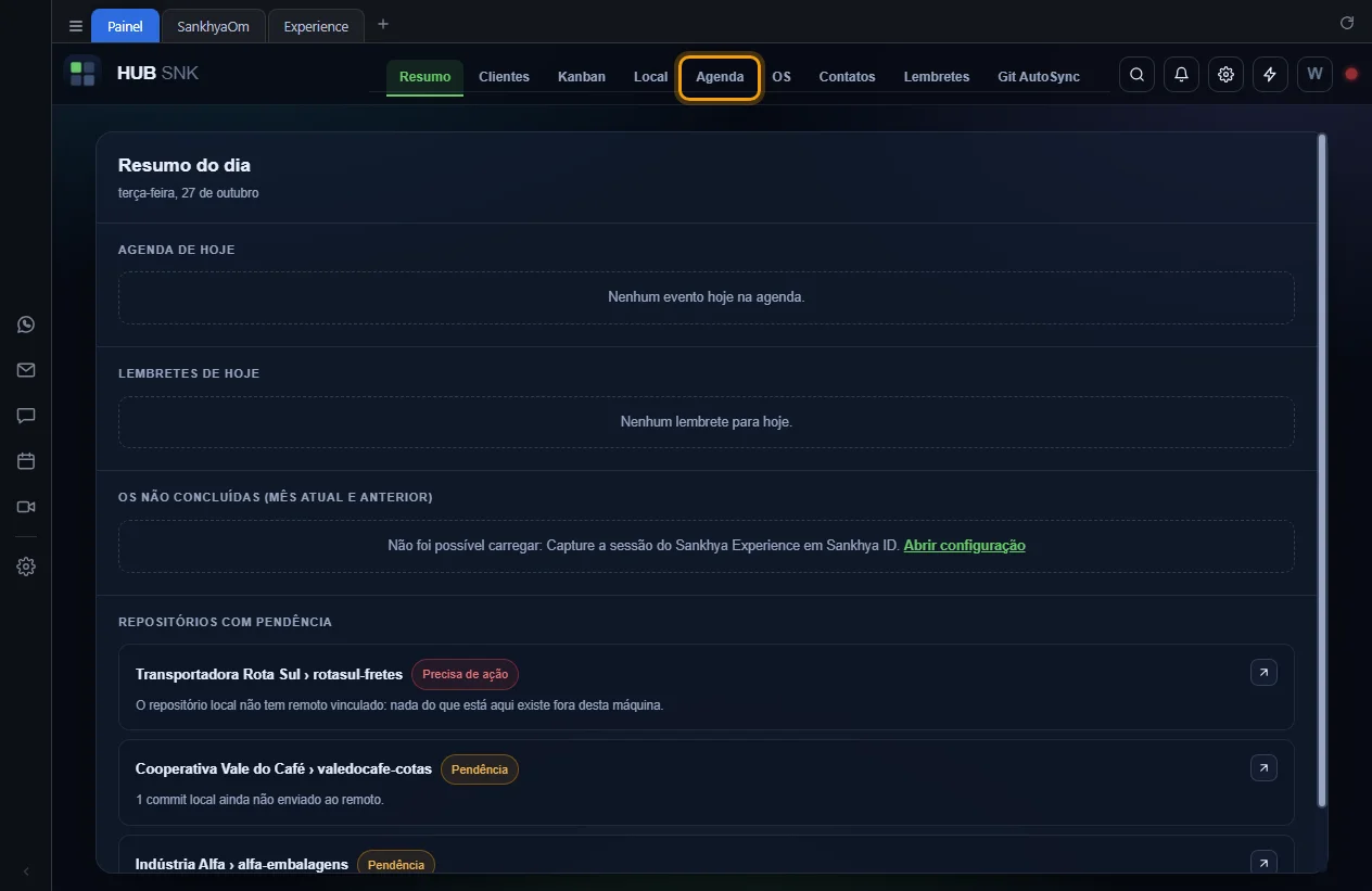 Topo do Painel com a aba Agenda destacada