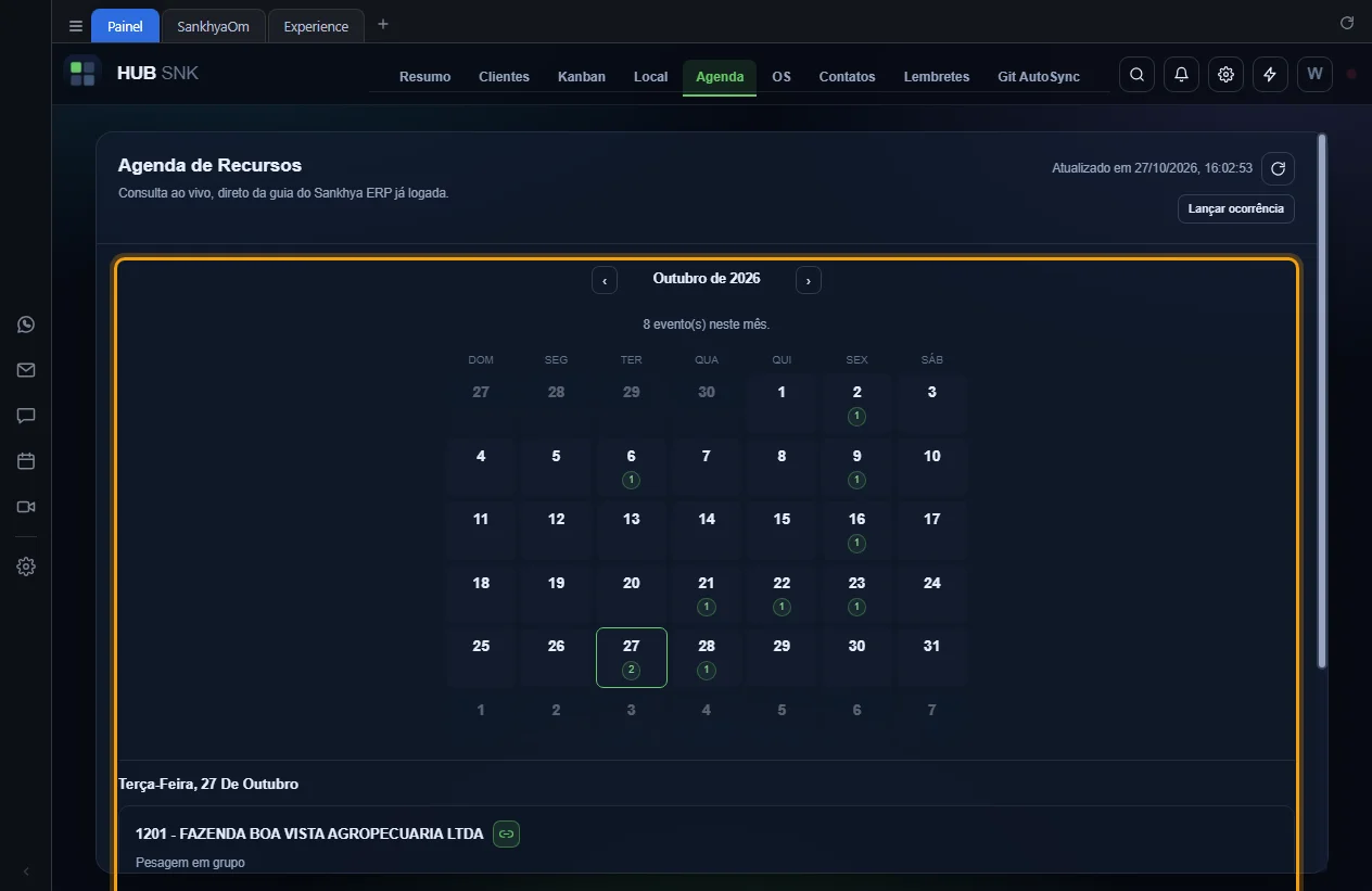 Calendário do mês com os dias que têm eventos marcados