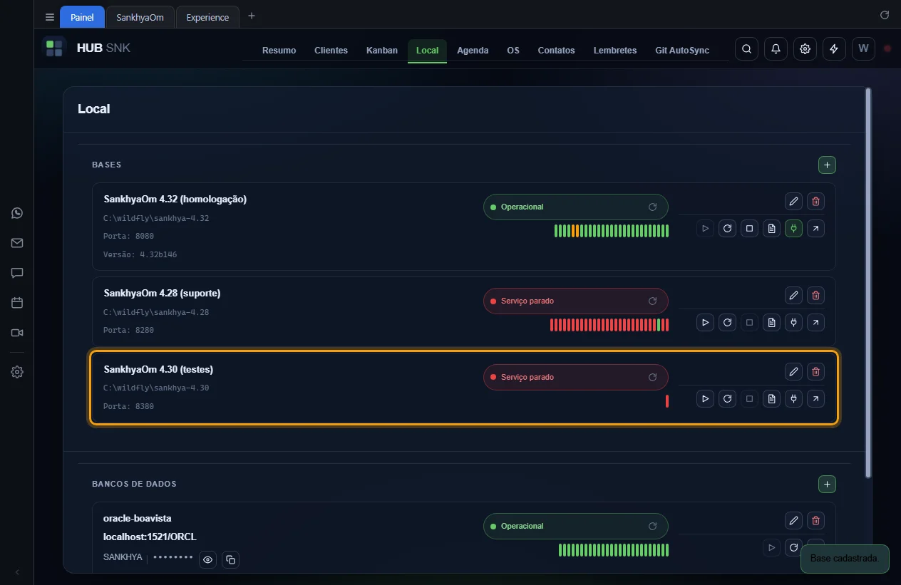 Base nova na lista, com o aviso Base cadastrada