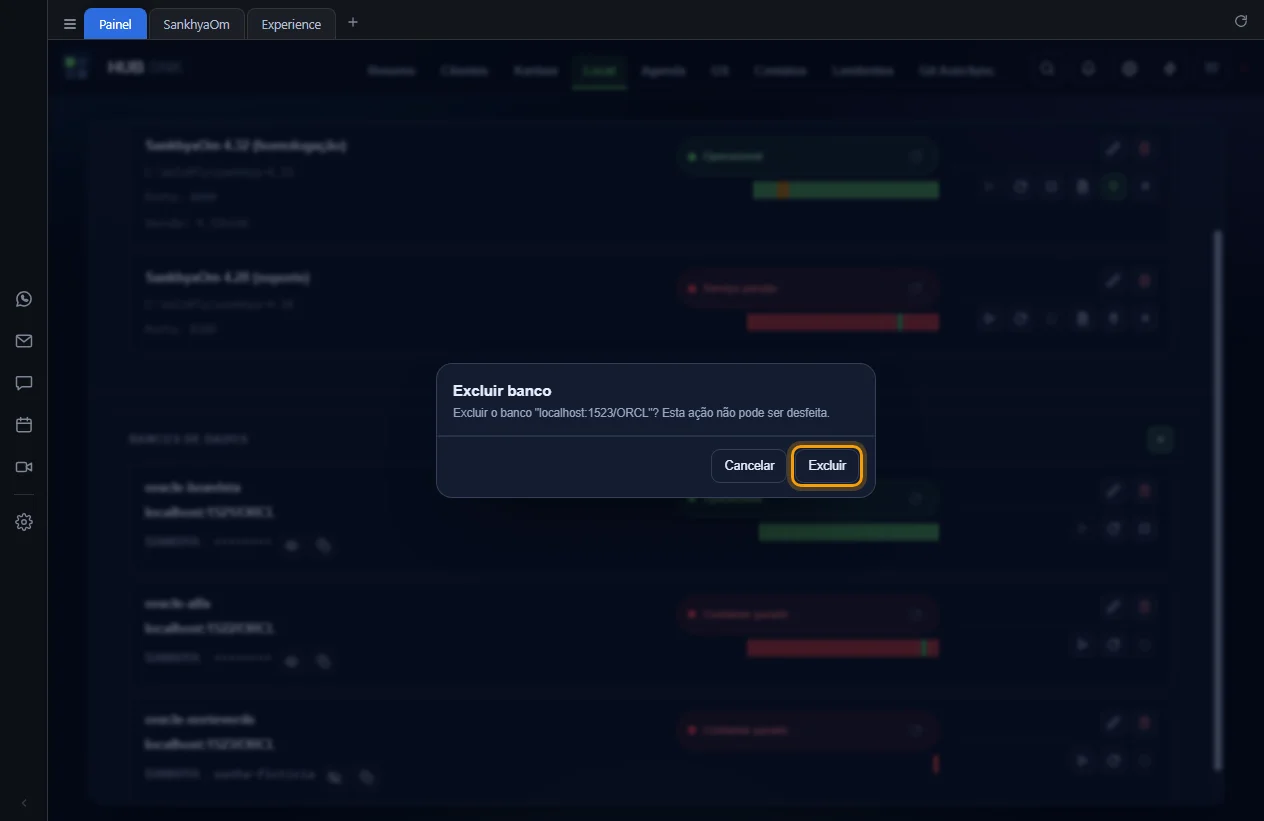 Janela de confirmação Excluir banco