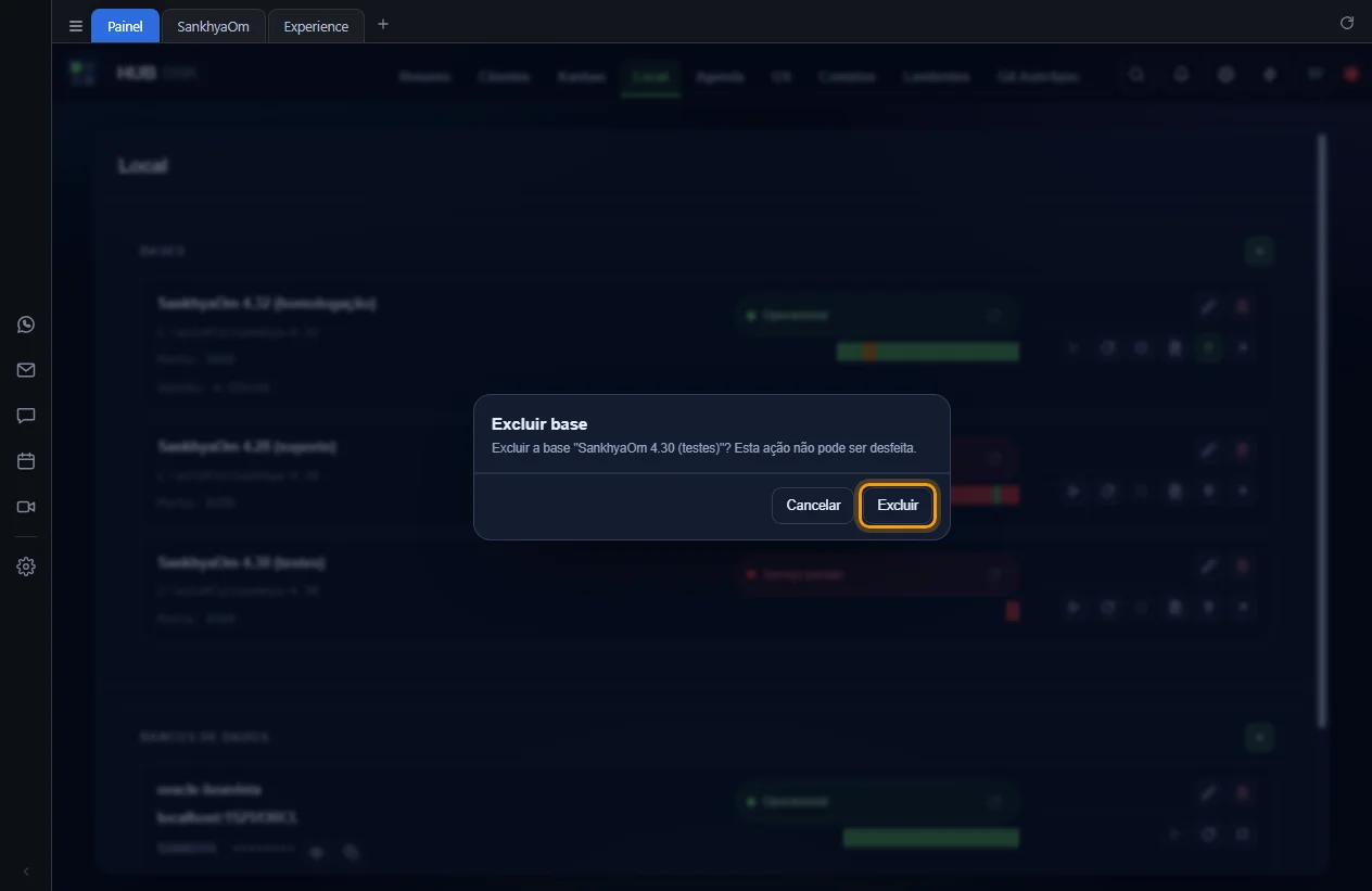Janela de confirmação Excluir base