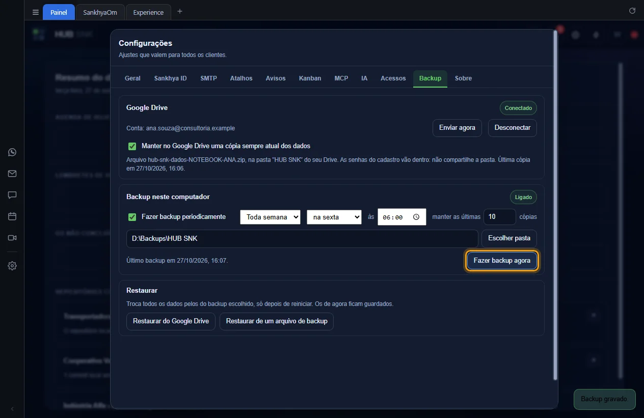 Botão Fazer backup agora destacado e a linha Último backup em