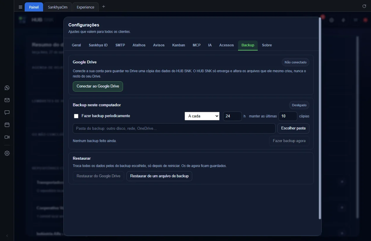 Aba Backup com o botão Conectar ao Google Drive destacado