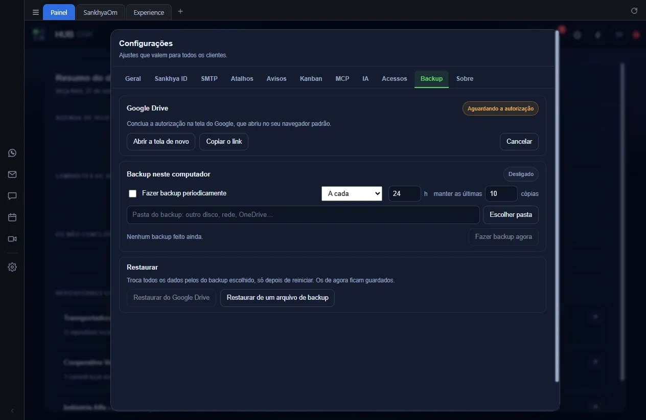 Cartão Google Drive aguardando a autorização, com os botões Abrir a tela de novo, Copiar o link e Cancelar