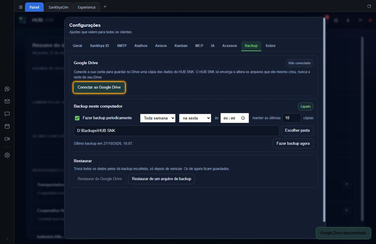 Cartão Google Drive desconectado, com o botão Conectar ao Google Drive de volta