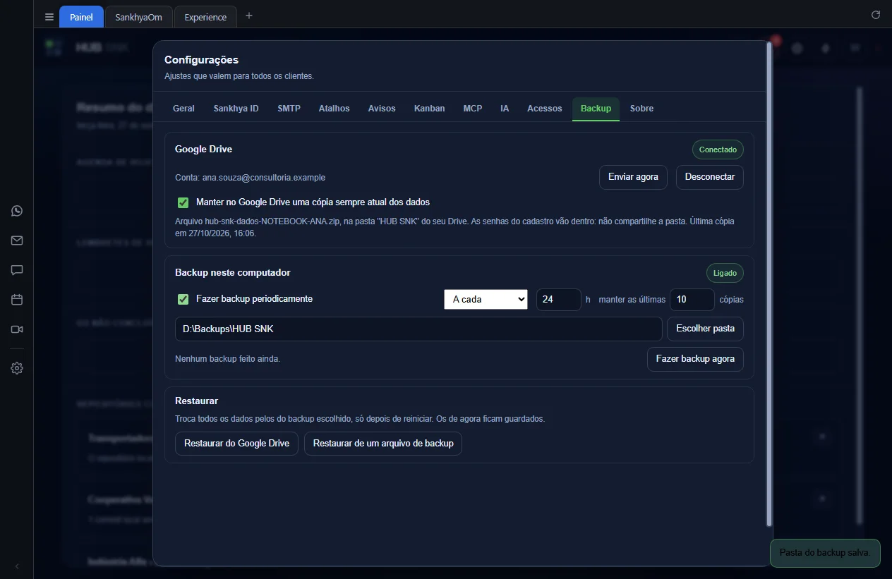 Cartão Backup neste computador ligado, com a pasta D:\Backups\HUB SNK