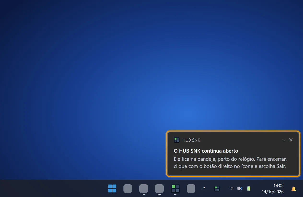 Aviso do Windows O HUB SNK continua aberto destacado no canto da tela