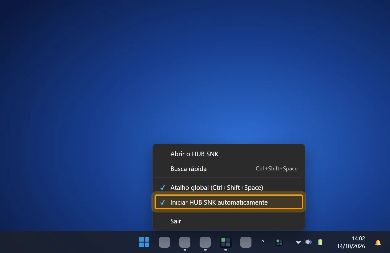 Caixa Iniciar HUB SNK automaticamente marcada e destacada no menu da bandeja