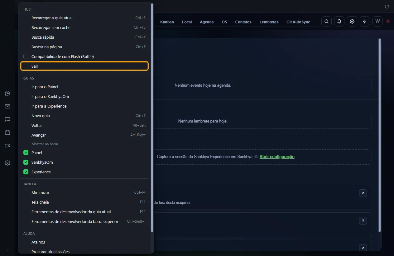 Item Sair destacado no grupo Hub do menu ☰