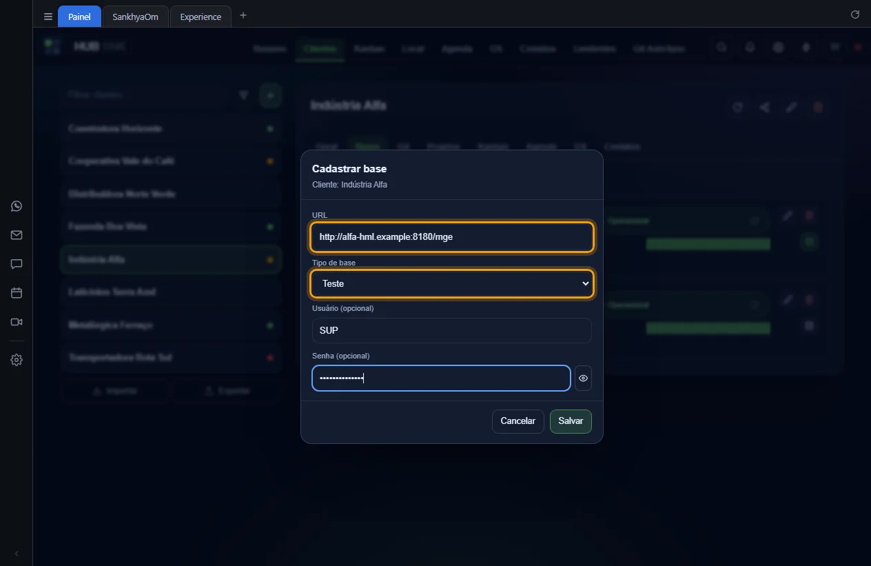 Janela Cadastrar base com a URL preenchida e o tipo Teste escolhido
