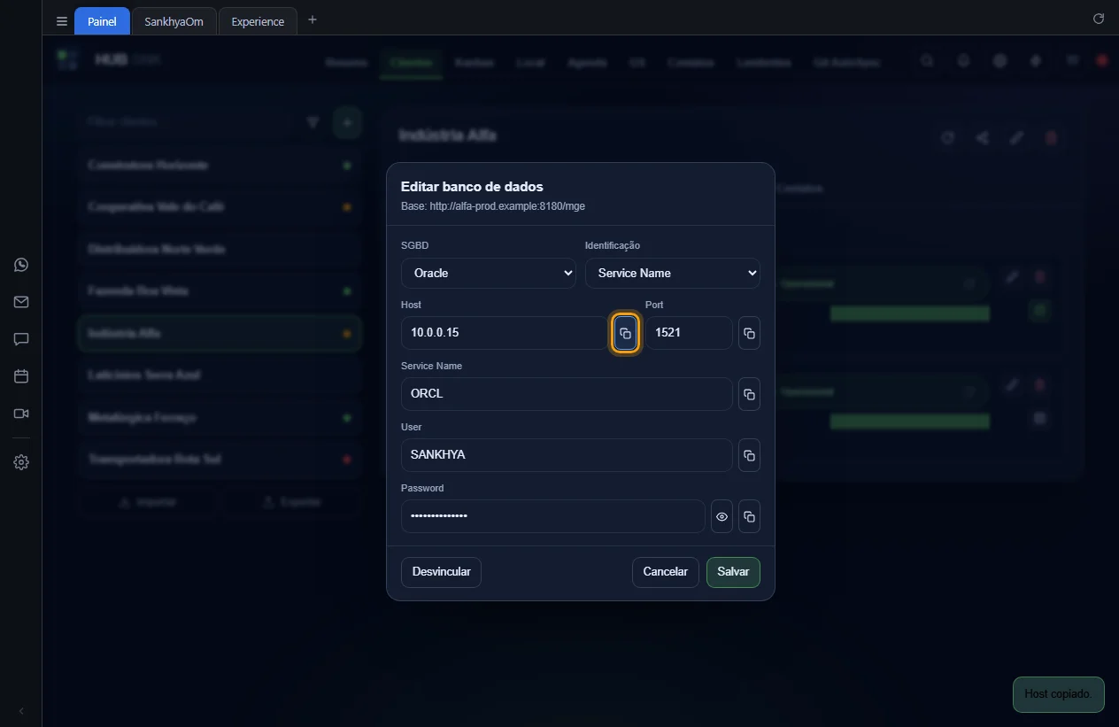 Botão de copiar o Host destacado, com o aviso Host copiado