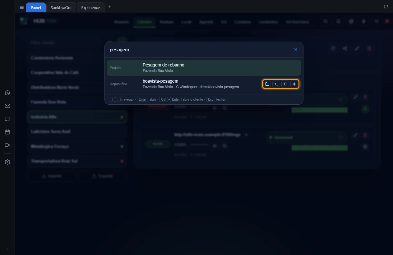 Botões de pasta, terminal e IDE destacados na linha do repositório