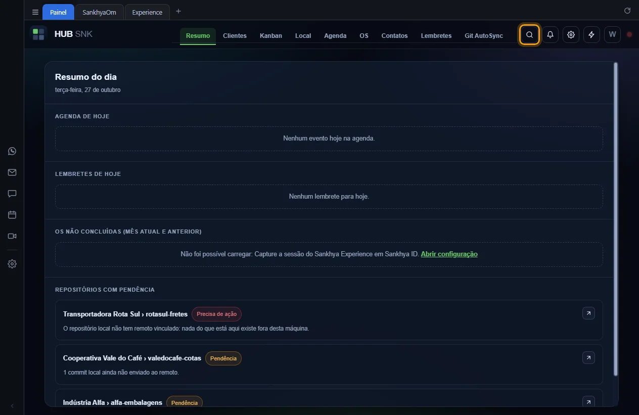 Lupa da busca rápida destacada no topo do Painel