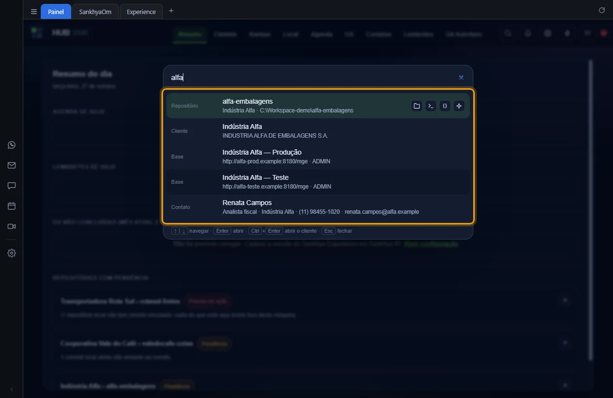 Resultados da busca por alfa: repositório, cliente, bases e contato