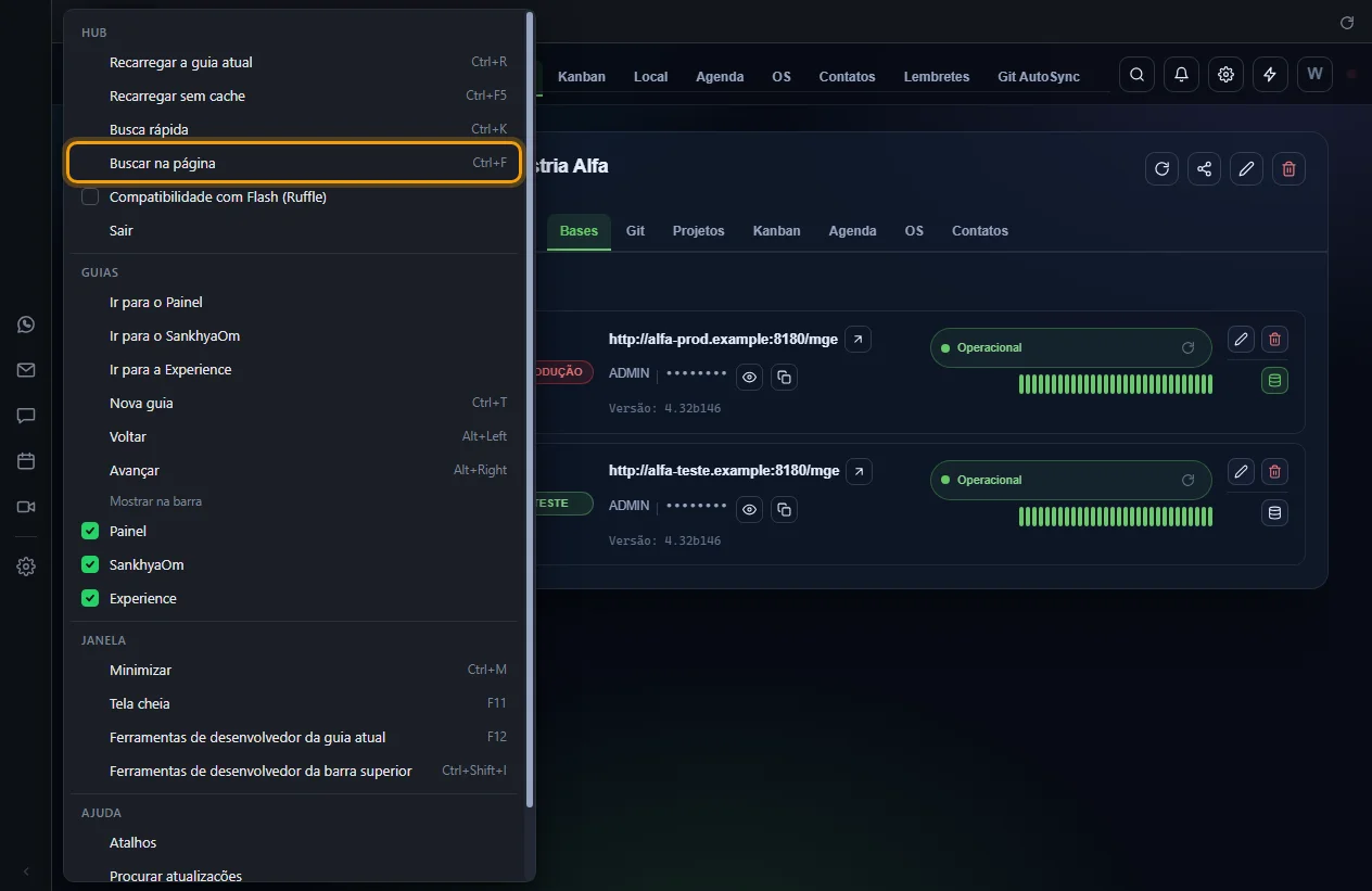 Item Buscar na página destacado no menu do aplicativo