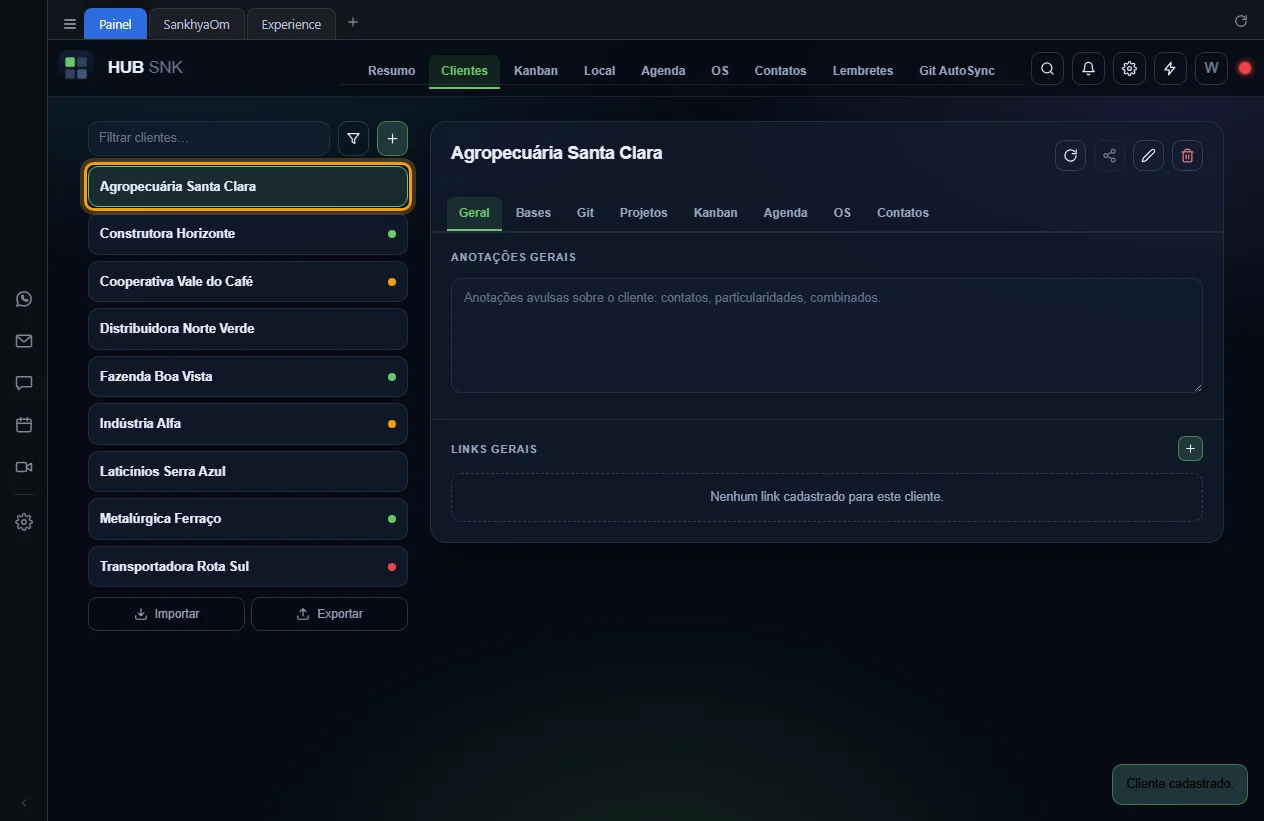 Cliente novo selecionado na lista, com o aviso Cliente cadastrado
