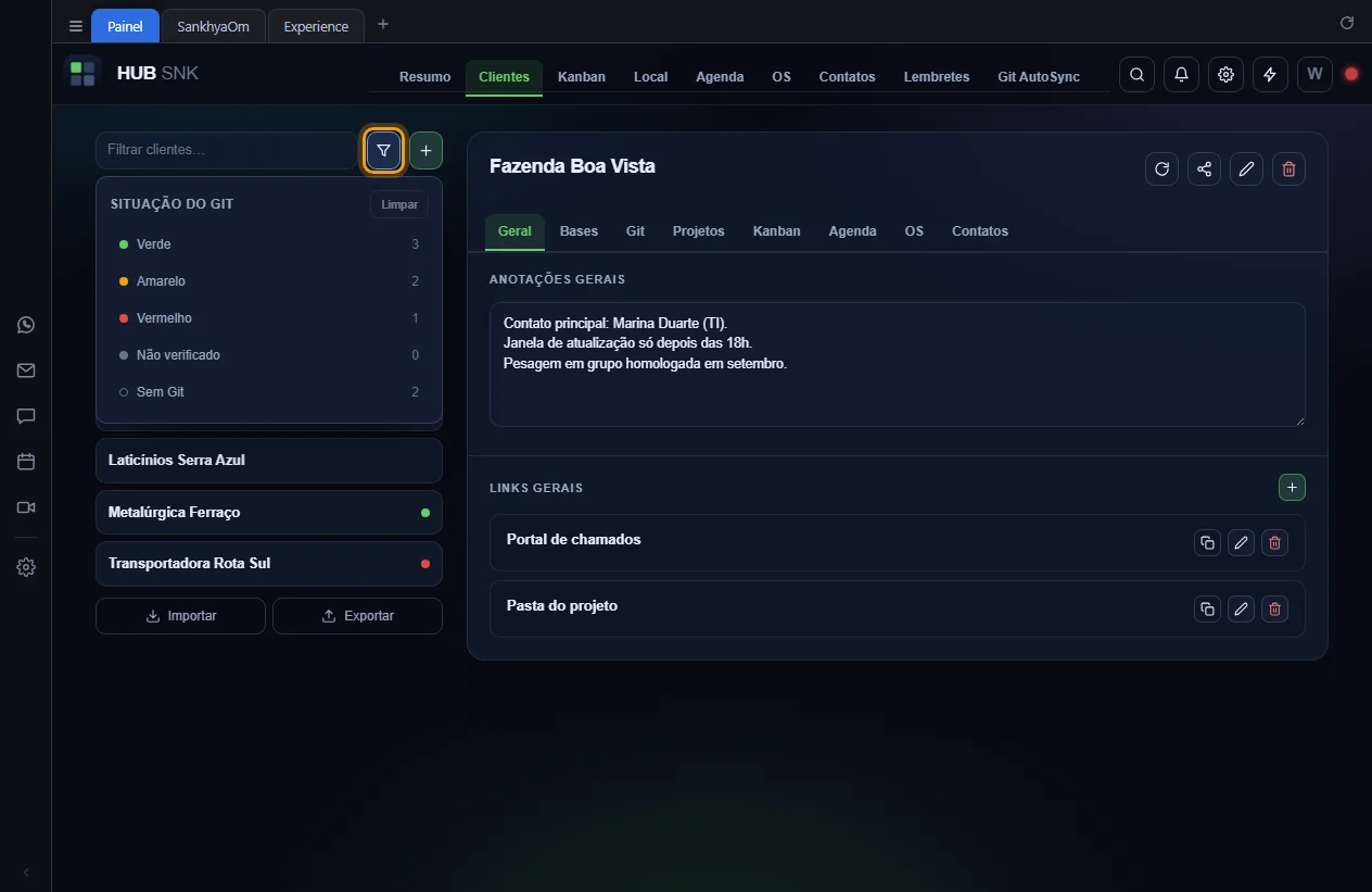 Painel Situação do Git aberto pelo botão de funil