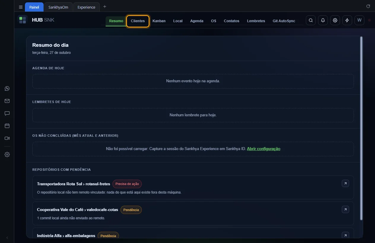 Topo do Painel com a aba Clientes destacada