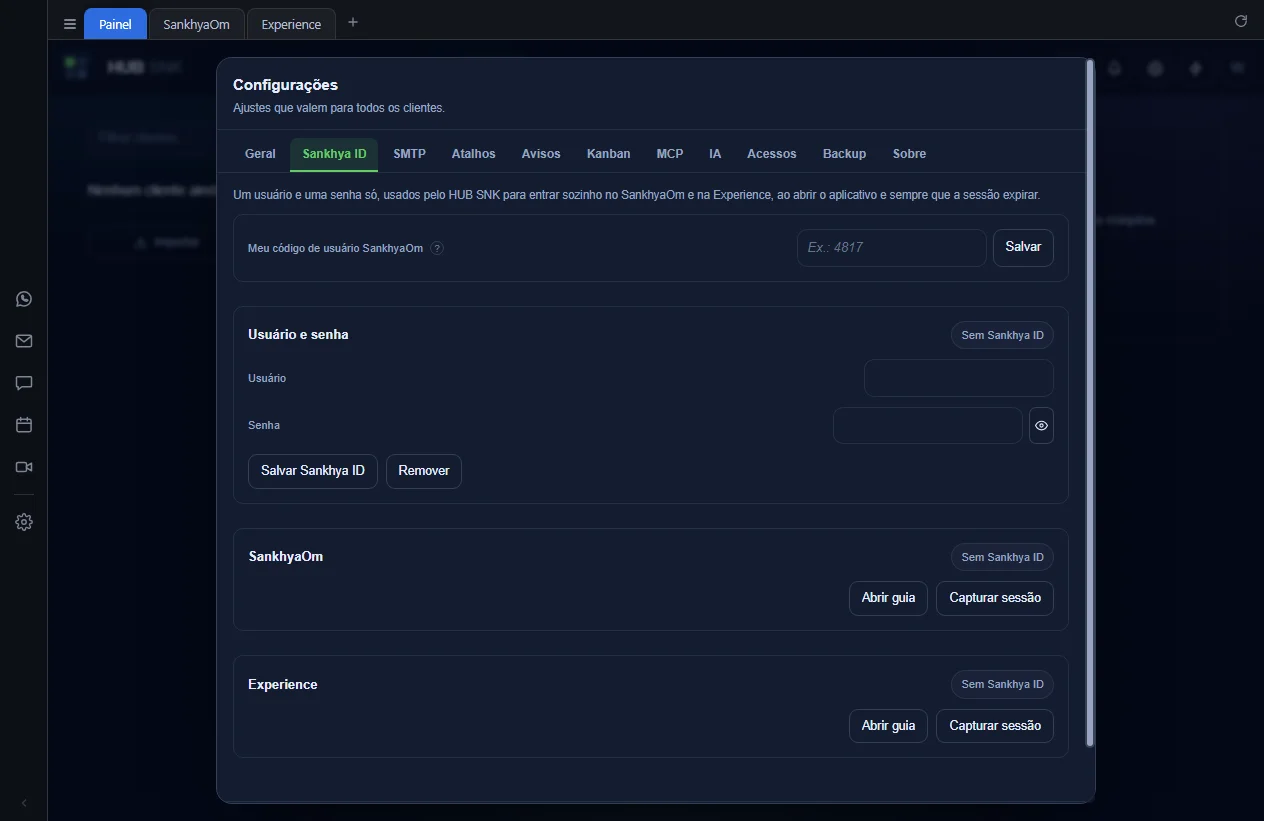 Configurações abertas na aba Sankhya ID