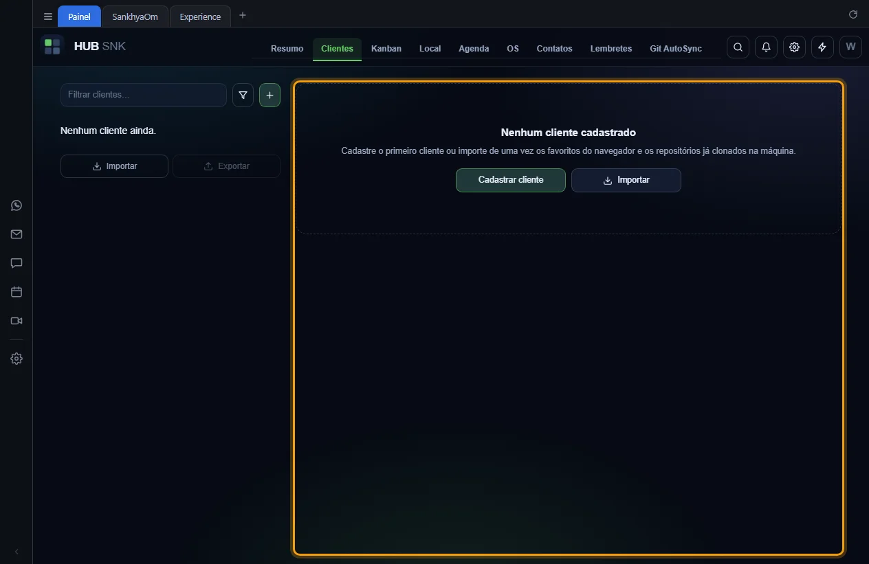 Tela Clientes vazia com os botões Cadastrar cliente e Importar