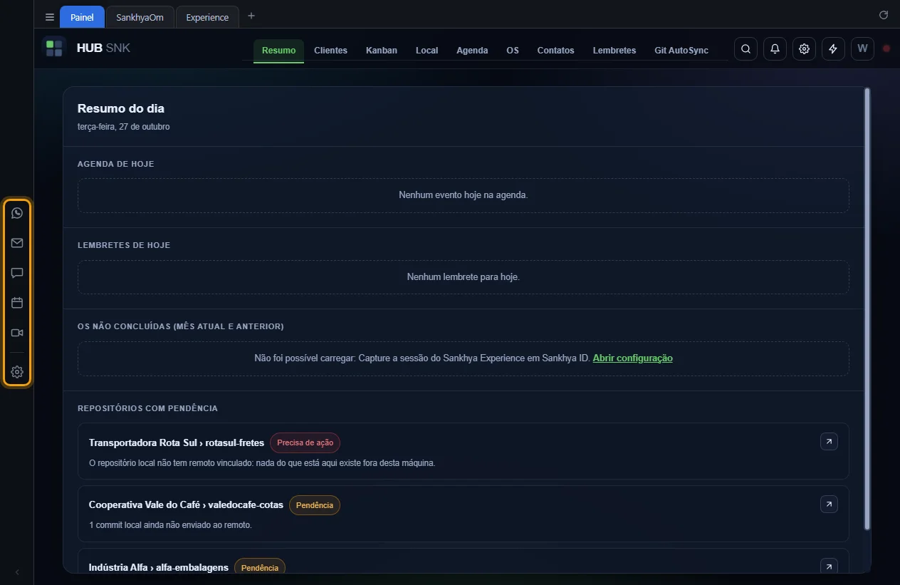 Botões da barra de comunicação destacados à esquerda da janela