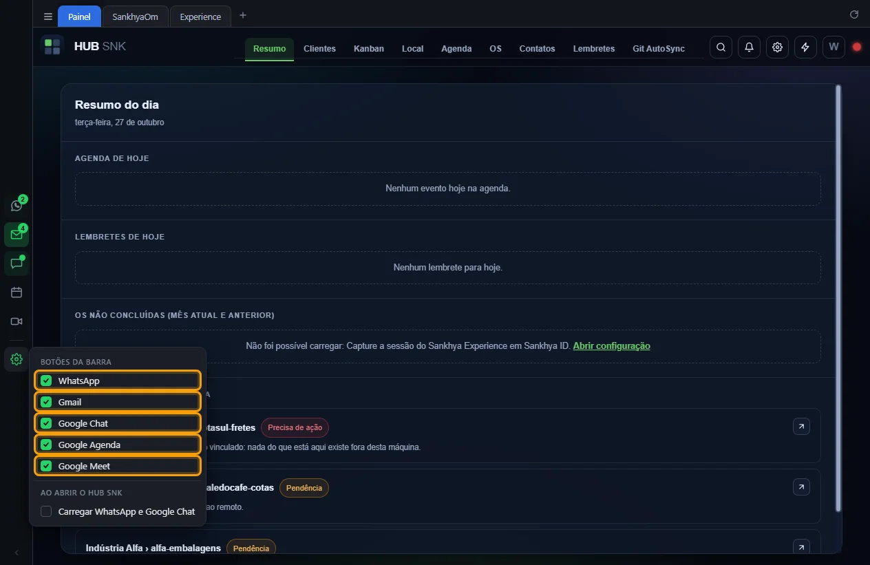 Menu da engrenagem com as caixas dos cinco serviços destacadas