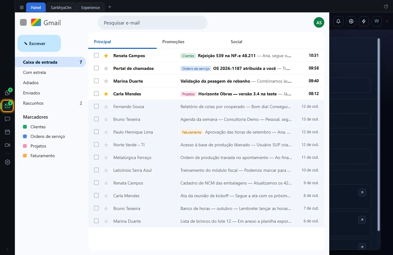 Gmail no painel, com a caixa de entrada, e o botão do Gmail destacado