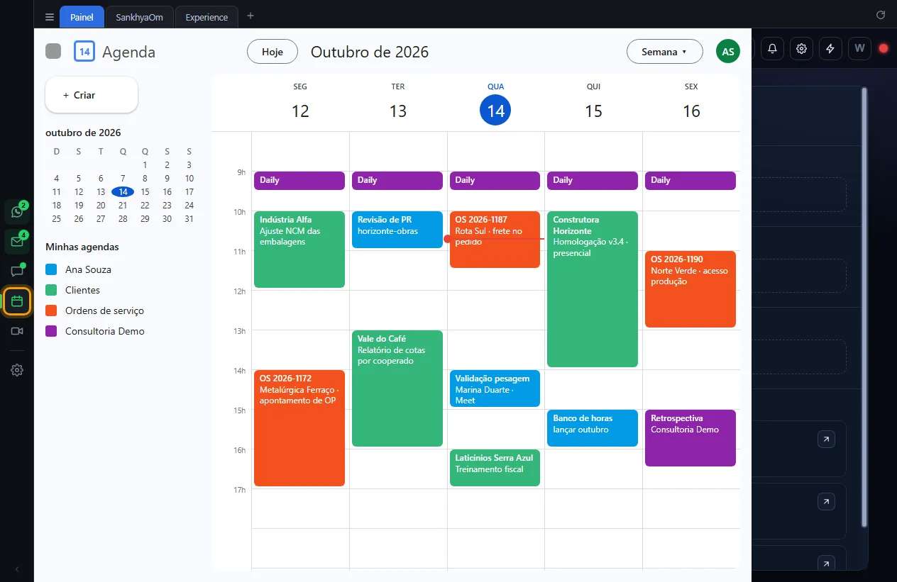 Google Agenda no painel, na semana, e o botão da Agenda destacado