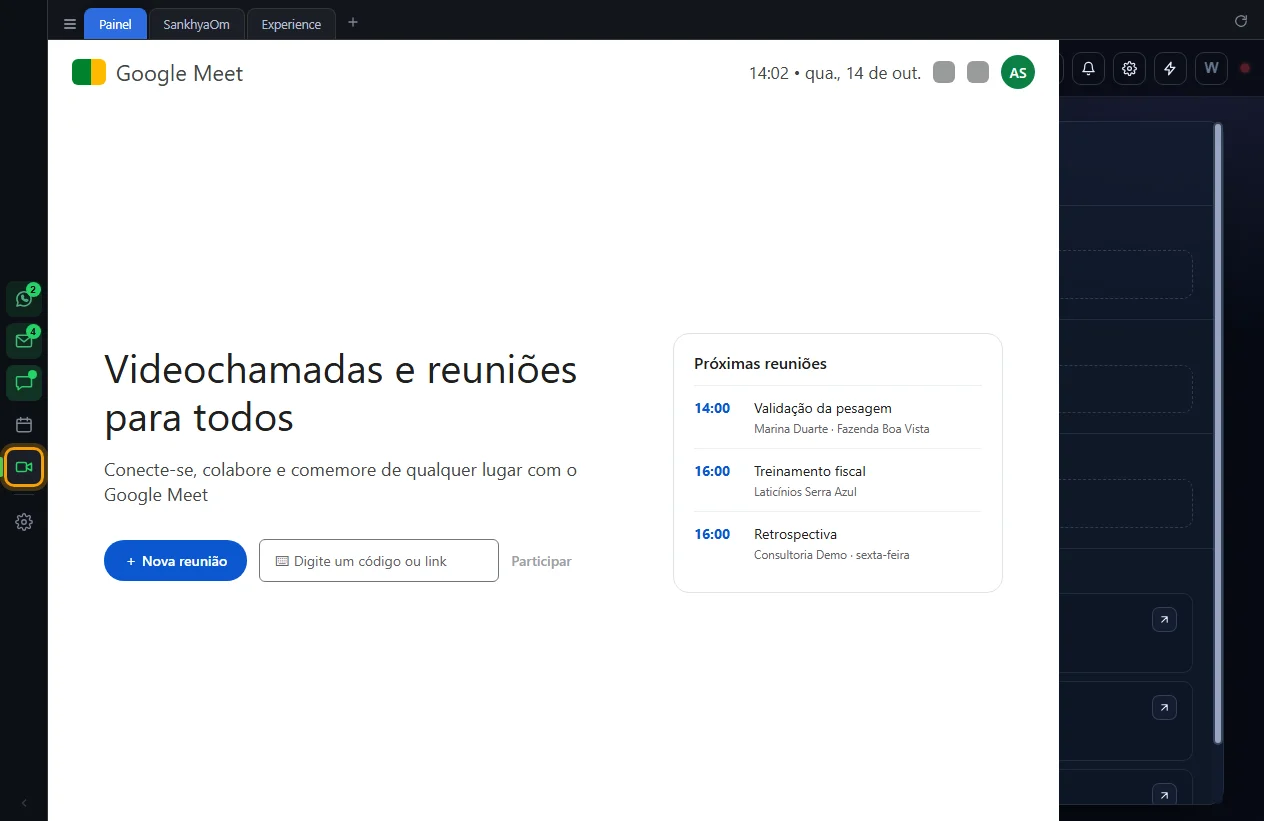 Página inicial do Google Meet no painel e o botão do Meet destacado
