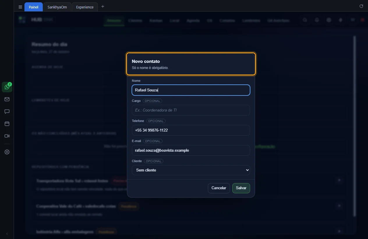 Janela Novo contato preenchida com o nome, o telefone e o e-mail da conversa