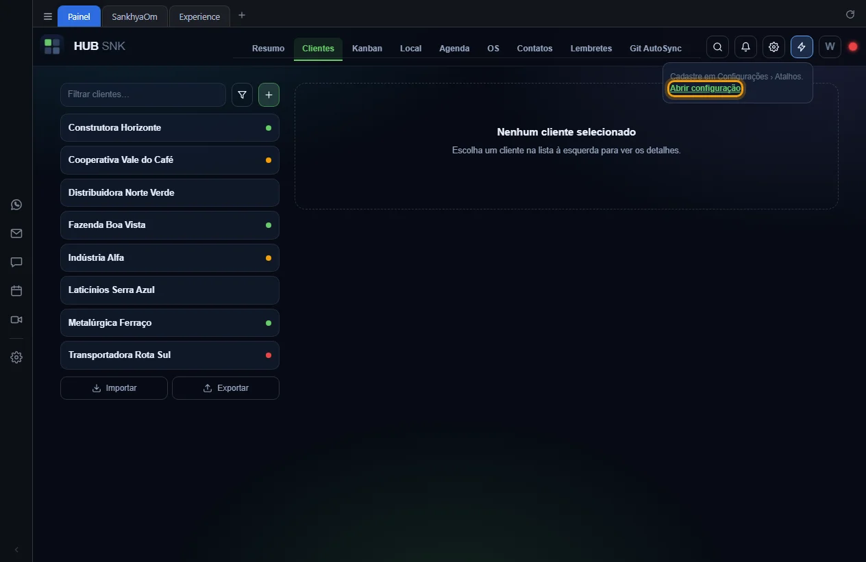 Lista de atalhos vazia com o link Abrir configuração destacado