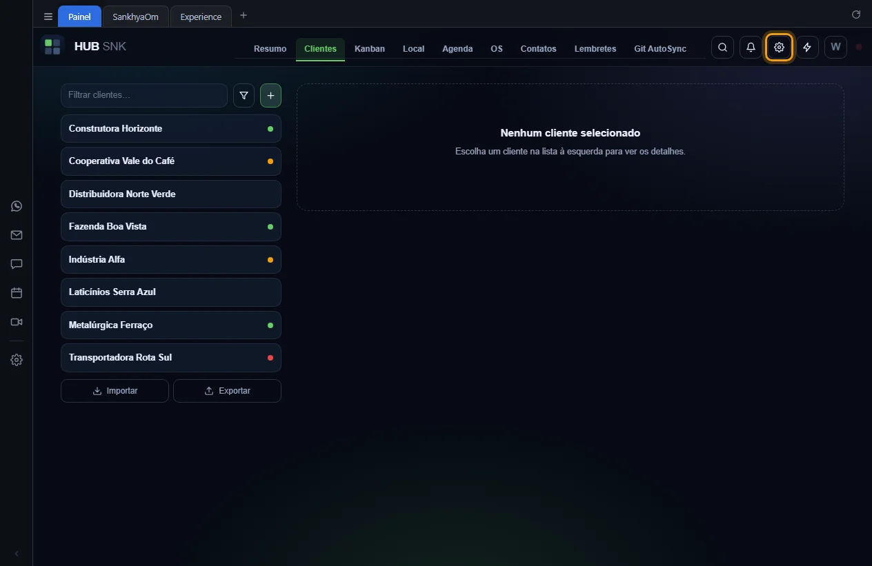 Engrenagem Configurações destacada no topo do Painel