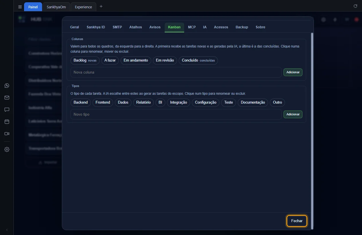 Aba Kanban com o botão Fechar destacado no rodapé