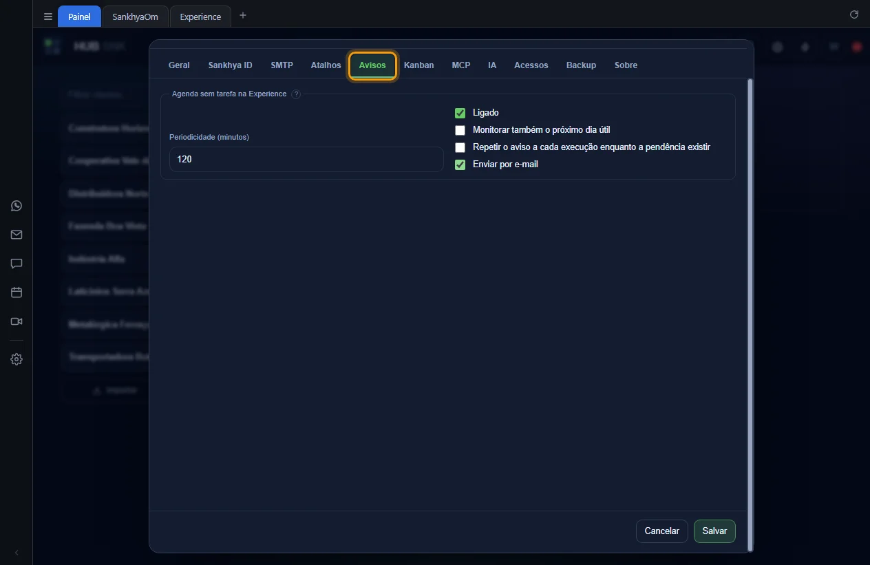 Aba Avisos com o alerta ligado e o envio por e-mail marcado