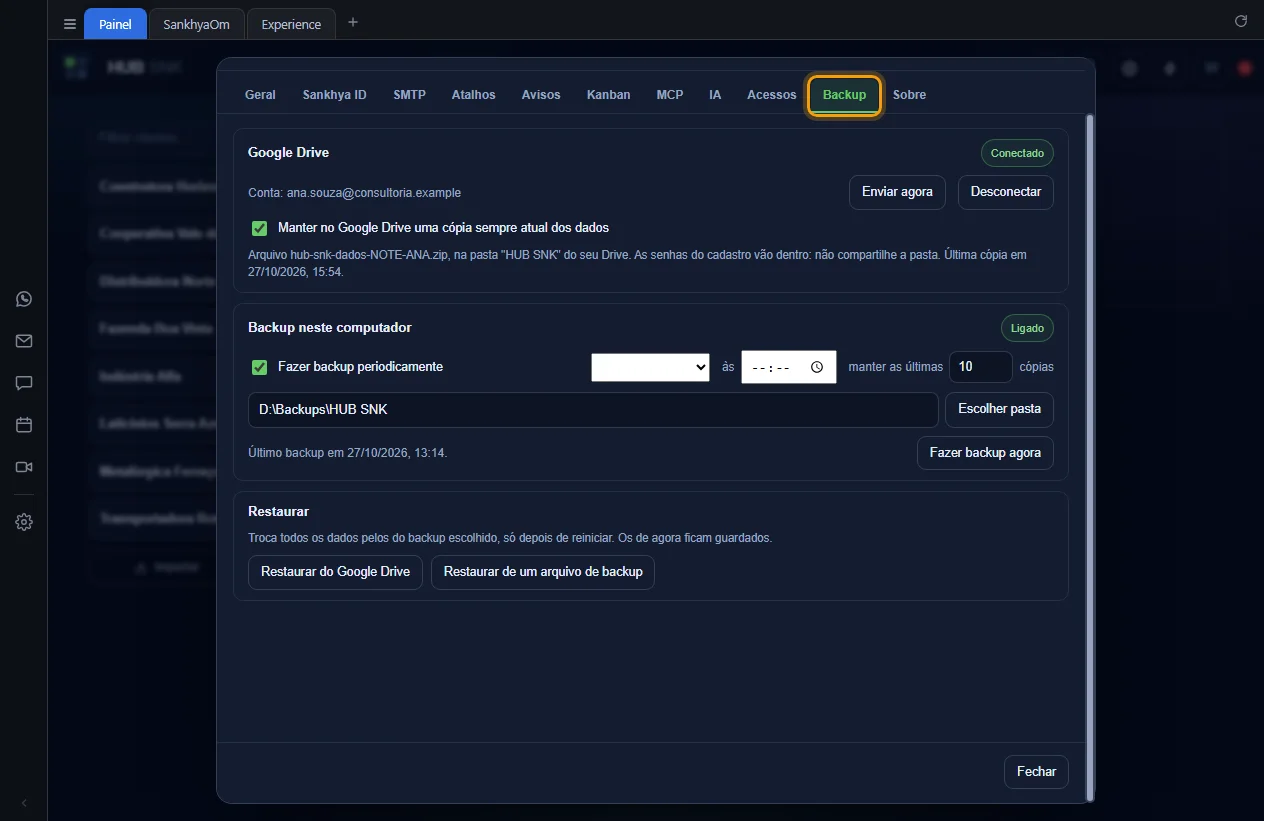 Aba Backup com o Google Drive conectado, o backup periódico ligado e o cartão Restaurar