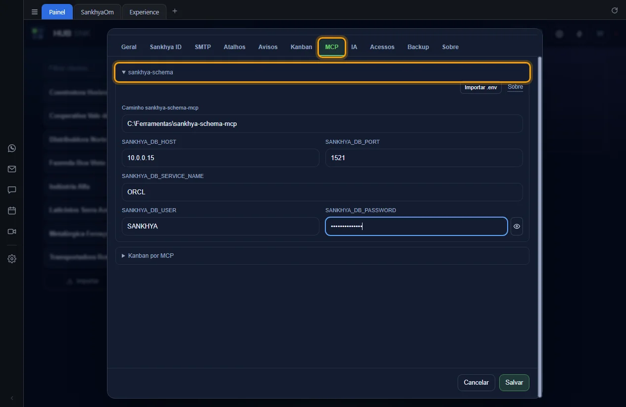 Grupo sankhya-schema aberto, com o caminho e as variáveis do banco