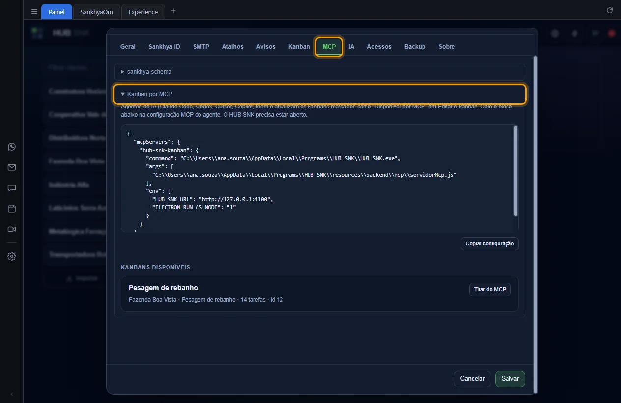 Grupo Kanban por MCP aberto, com o bloco de configuração e um kanban disponível