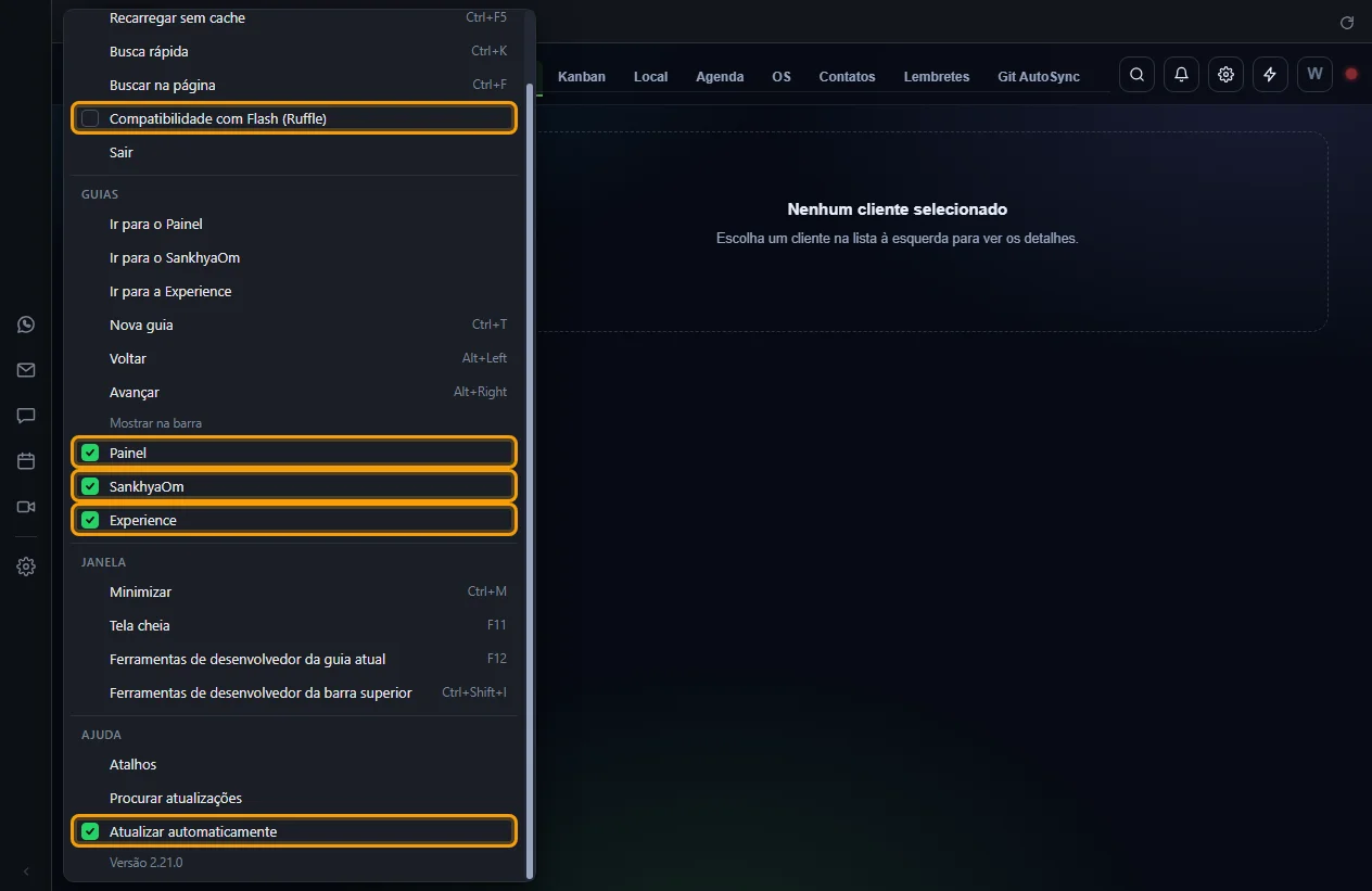 Menu do aplicativo aberto, com Compatibilidade com Flash, Mostrar na barra e Atualizar automaticamente destacados