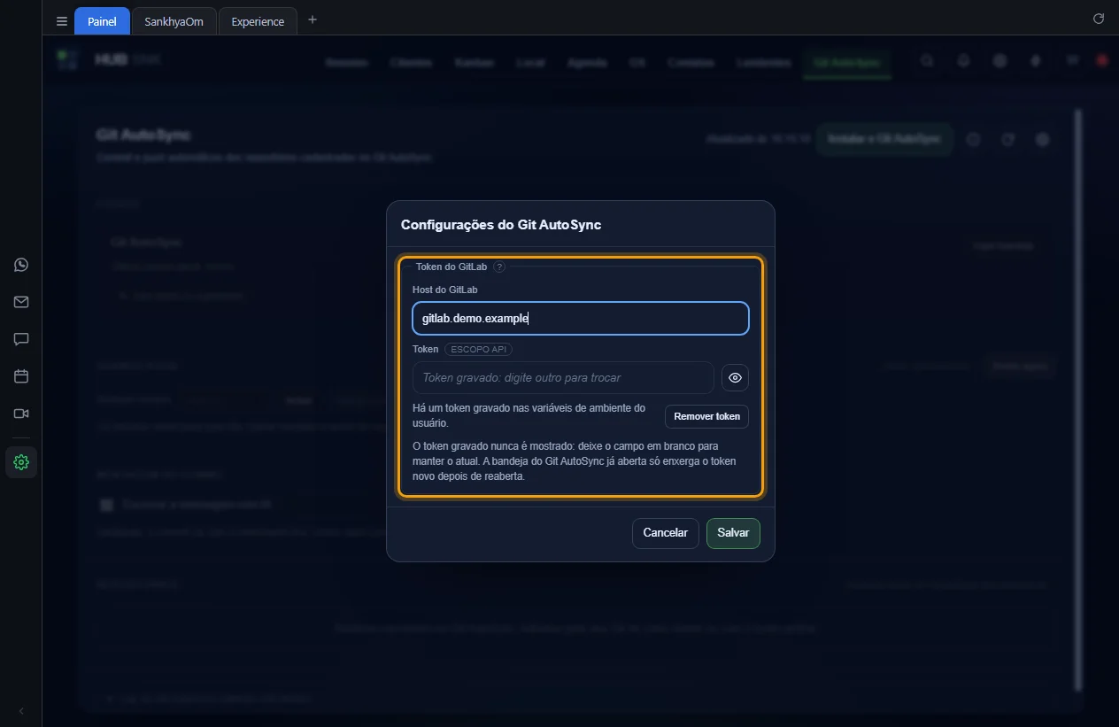 Janela Configurações do Git AutoSync com o host do GitLab e um token gravado
