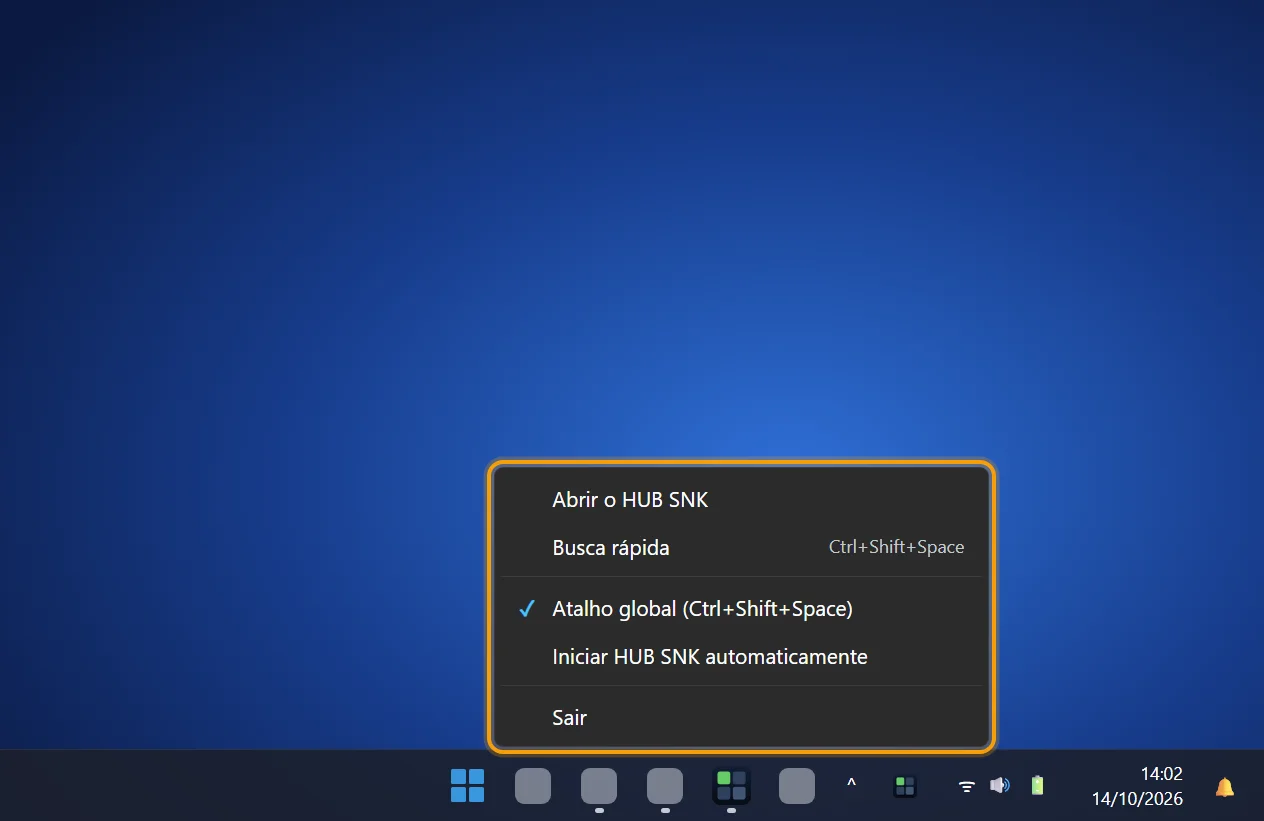 Menu do ícone do HUB SNK na bandeja, com as caixas Atalho global e Iniciar HUB SNK automaticamente