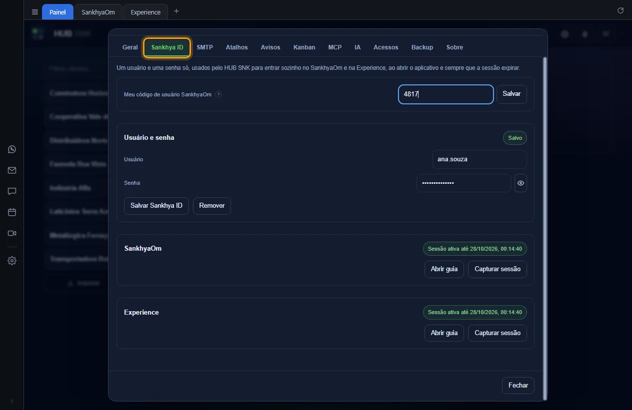 Aba Sankhya ID com o código de usuário, o cartão Usuário e senha e os cartões SankhyaOm e Experience com sessão ativa