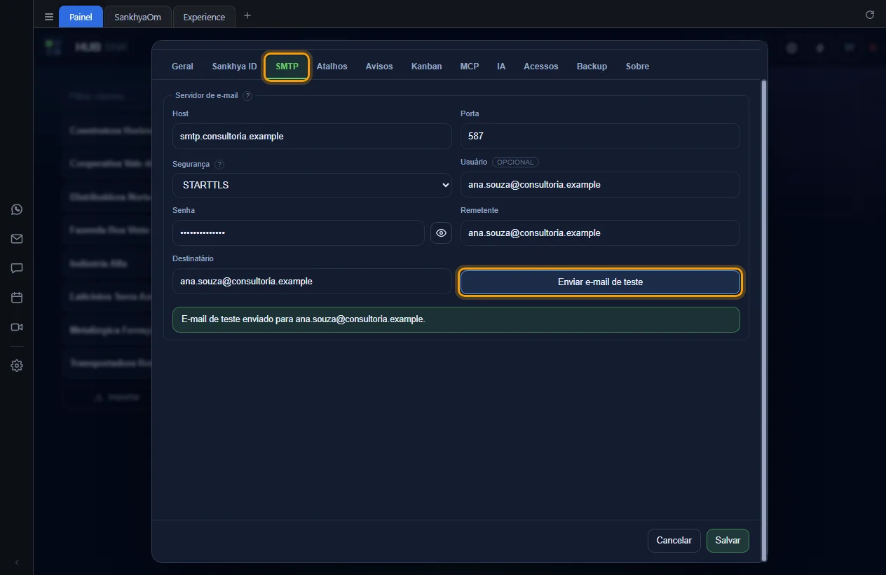 Aba SMTP preenchida, com o resultado do e-mail de teste enviado